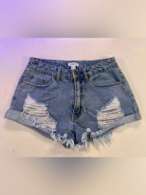 Forever 21 Medium Blue Distressed Ripped Denim Shorts